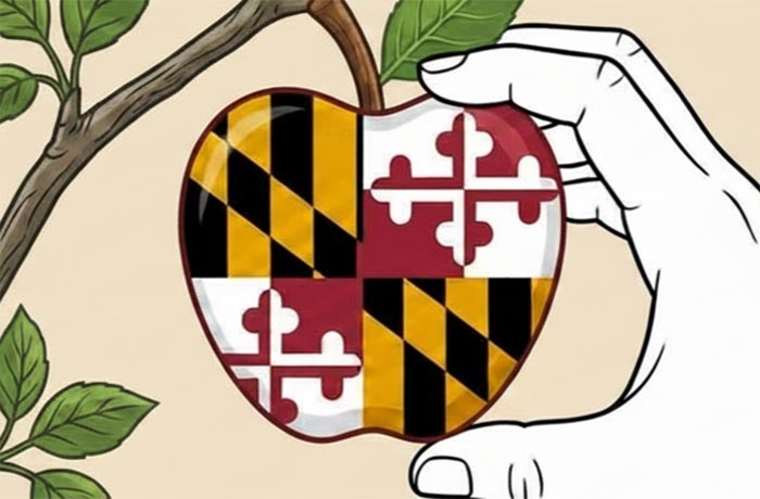 Illustration of a hand picking an apple from the tree with the Maryland flag within the apple